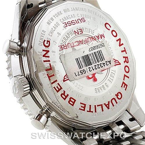 This image shows the back case and partial bracelet of a Breitling Navitimer A24322 Men's Stainless Steel White Dial A24322 Men's Stainless Steel White Dial watch at an angled view.