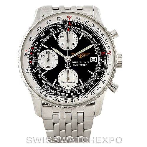 The image shows a Breitling Navitimer A13022 Men's Stainless Steel Black Dial A13022 Men's Stainless Steel Black Dial watch from a front angle, highlighting its dial, bezel, and bracelet.