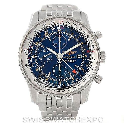 The image shows a front view of a Breitling Navitimer A24322 Men's Stainless Steel Blue Dial A24322 Men's Stainless Steel Blue Dial watch, highlighting its dial and stainless steel bracelet.