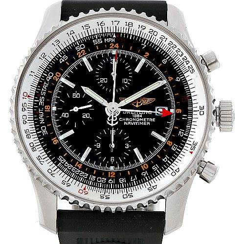 This image shows a front view of the Breitling Navitimer A24322 Men
s Stainless Steel Black Dial A24322 Men
s Stainless Steel Black Dial watch, including its dial, bezel, crown, and chronograph pushers.