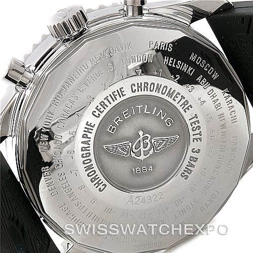 The image shows the back case of a Breitling Navitimer A24322 Men
s Stainless Steel Black Dial A24322 Men
s Stainless Steel Black Dial watch, highlighting the engravings and the brand
s logo.
