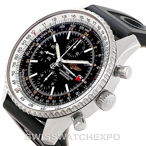 The image shows a Breitling Navitimer A24322 Men
s Stainless Steel Black Dial A24322 Men
s Stainless Steel Black Dial watch at a three-quarter angle, highlighting the dial, crown, chronograph pushers, and bezel.