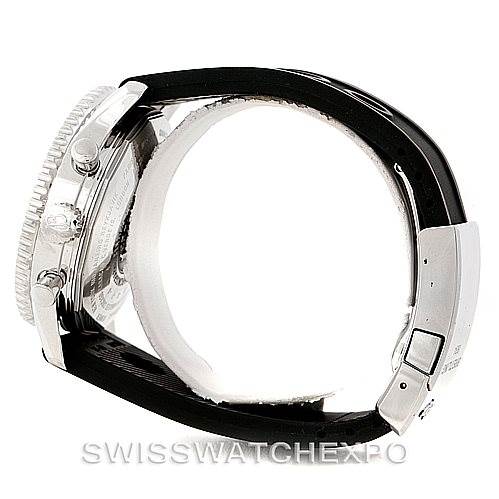 This side-angle view of the Breitling Navitimer A24322 Men
s Stainless Steel Black Dial A24322 Men
s Stainless Steel Black Dial watch shows the crown, pushers, case, bezel, and part of the rubber strap with a clasp.