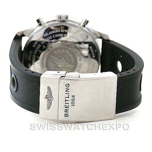 This image shows the backside and the clasp of a Breitling Navitimer A24322 Men
s Stainless Steel Black Dial A24322 Men
s Stainless Steel Black Dial watch with a black strap.
