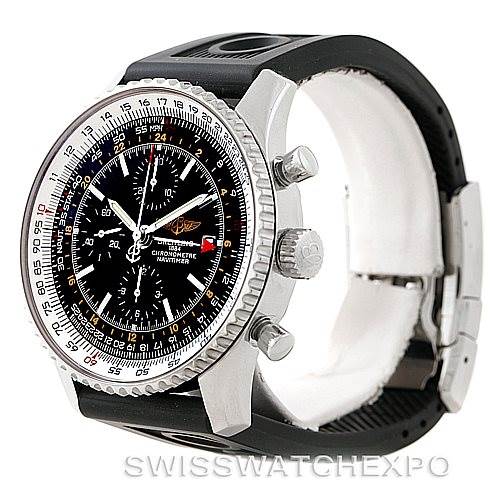 The image shows a side angle of the Breitling Navitimer A24322 Men
s Stainless Steel Black Dial A24322 Men
s Stainless Steel Black Dial watch, highlighting the bezel, dial, crown, and pushers.