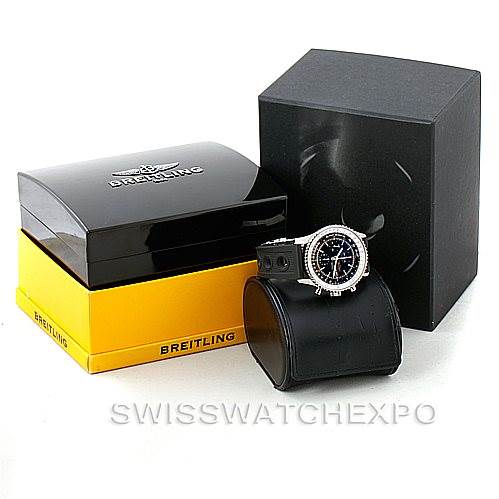 The image shows a Breitling Navitimer A24322 Men
s Stainless Steel Black Dial A24322 Men
s Stainless Steel Black Dial watch, black leather strap, in a three-quarters view with original packaging.