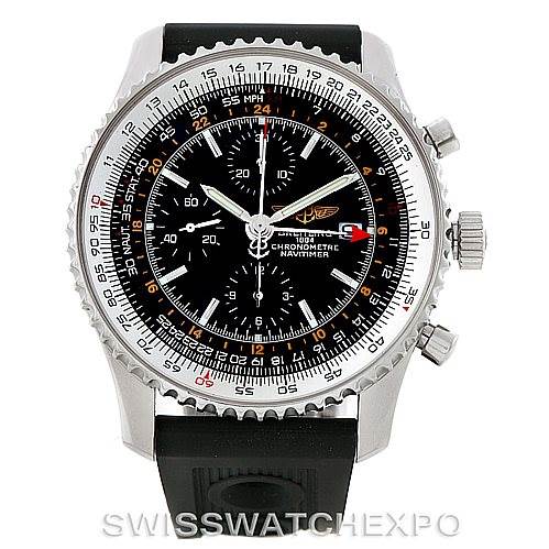The image shows the front view of a Breitling Navitimer A24322 Men
s Stainless Steel Black Dial A24322 Men
s Stainless Steel Black Dial watch, highlighting its black dial and chronograph features.
