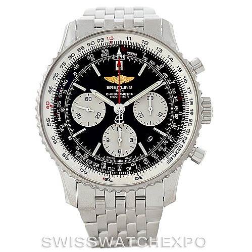 The image shows a front view of the Breitling Navitimer A13022 Men's Stainless Steel Black Dial A13022 Men's Stainless Steel Black Dial watch, highlighting its dial, bezel, and bracelet.