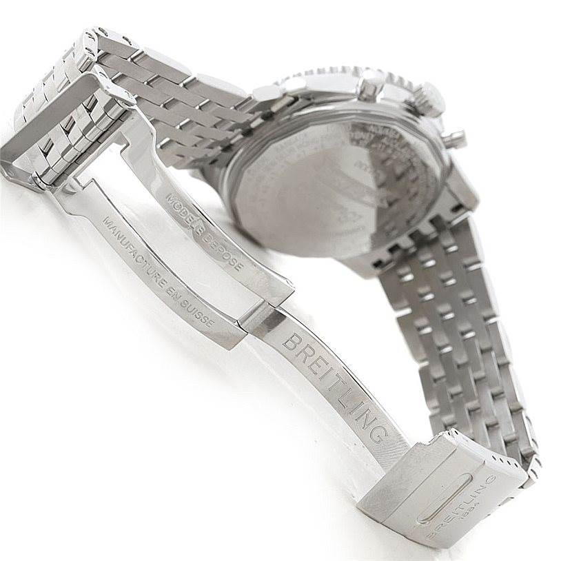 The image shows the back of the Breitling Navitimer A21330 Men's Stainless Steel Black Dial A21330 Men's Stainless Steel Black Dial watch and its open metal bracelet clasp.