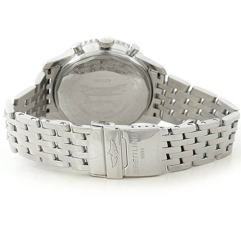 This Breitling Navitimer A21330 Men's Stainless Steel Black Dial A21330 Men's Stainless Steel Black Dial watch is shown from the back, focusing on the case back and stainless steel bracelet with the clasp.