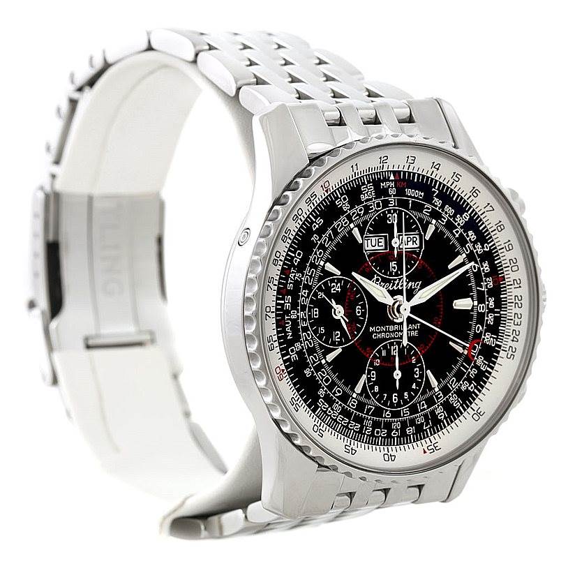 This image shows a side and front view of a Breitling Navitimer A21330 Men's Stainless Steel Black Dial A21330 Men's Stainless Steel Black Dial watch, highlighting its intricate dial and metallic bracelet.