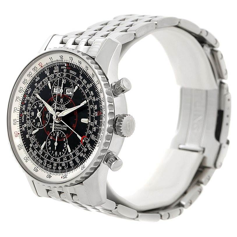 The Breitling Navitimer A21330 Men's Stainless Steel Black Dial A21330 Men's Stainless Steel Black Dial watch is shown at a slight angle, highlighting its complex dial, crown, pushers, and metal bracelet.