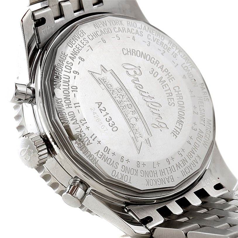 The image shows the back case of the Breitling Navitimer A21330 Men's Stainless Steel Black Dial A21330 Men's Stainless Steel Black Dial, displaying engraved markings and part of the metal strap.