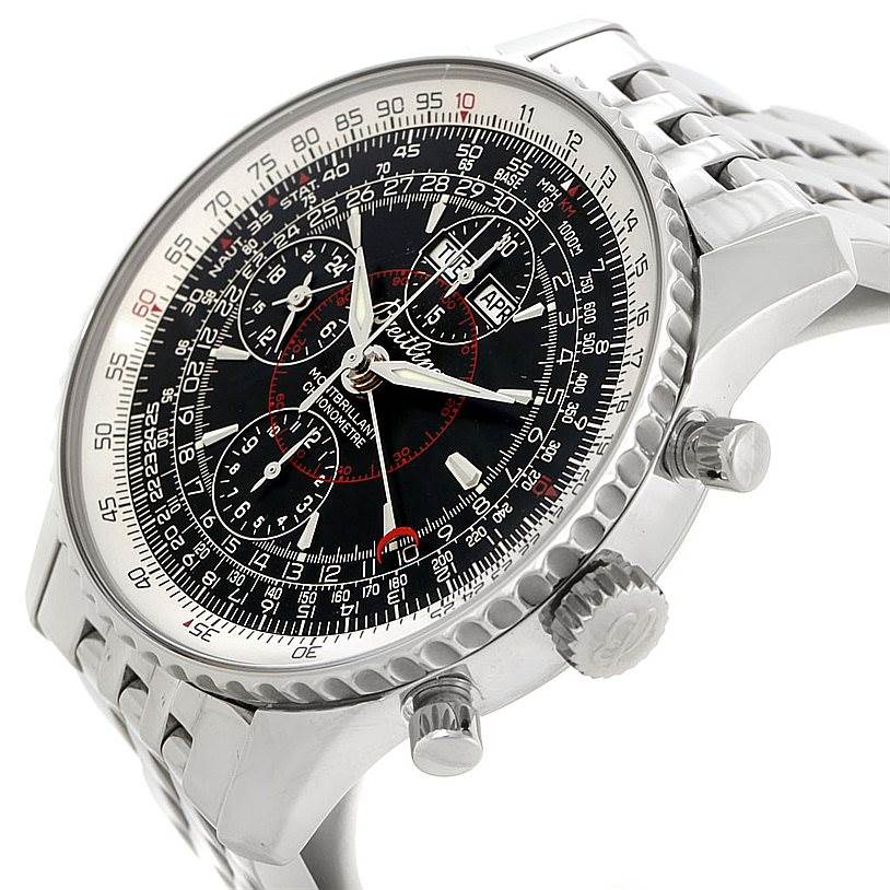 The Breitling Navitimer A21330 Men's Stainless Steel Black Dial A21330 Men's Stainless Steel Black Dial watch is shown from a slightly angled side view, highlighting the bezel, crown, pushers, and bracelet.