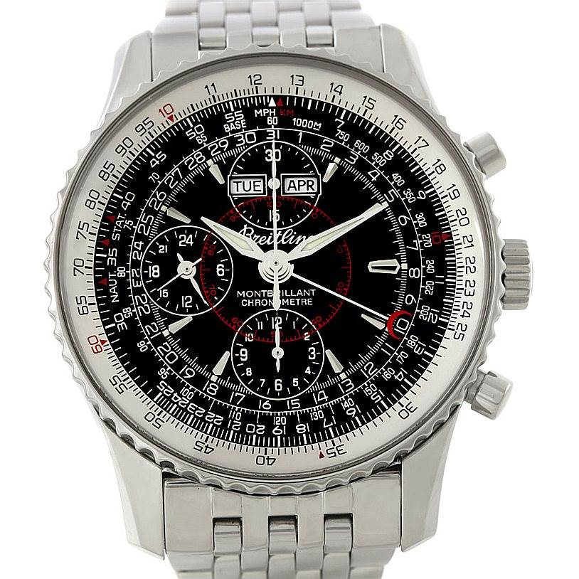 The image shows a frontal view of the Breitling Navitimer A21330 Men's Stainless Steel Black Dial A21330 Men's Stainless Steel Black Dial, displaying its detailed dial, bezel, and metal bracelet.