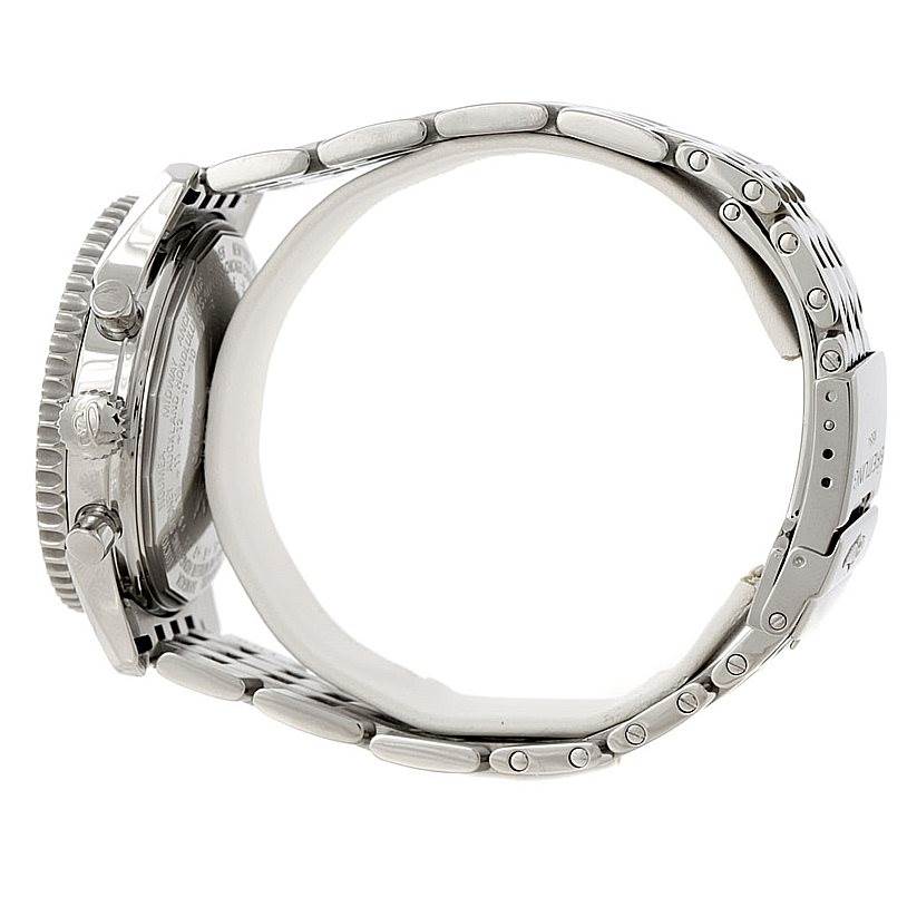 The image shows a side angle of the Breitling Navitimer A21330 Men's Stainless Steel Black Dial A21330 Men's Stainless Steel Black Dial watch, focusing on the case, crown, and metal bracelet.