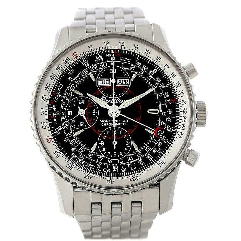 The image shows a frontal view of the Breitling Navitimer A21330 Men's Stainless Steel Black Dial A21330 Men's Stainless Steel Black Dial watch, highlighting its dial, bezel, and metal bracelet.