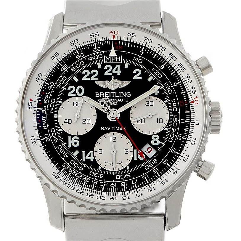 The image shows a front view of the Breitling Navitimer AB0210 Men's Stainless Steel Black Dial AB0210 Men's Stainless Steel Black Dial watch with a detailed display and metallic bracelet.