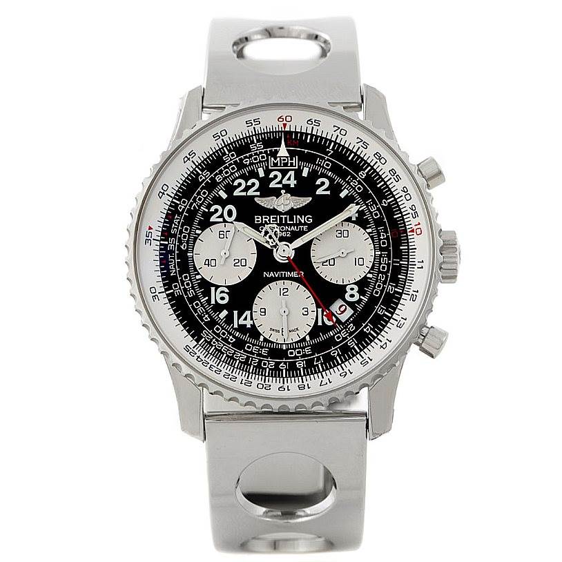 The image shows a Breitling Navitimer AB0210 Men's Stainless Steel Black Dial AB0210 Men's Stainless Steel Black Dial watch from a front angle, displaying the face, chronographs, and part of the metal strap.
