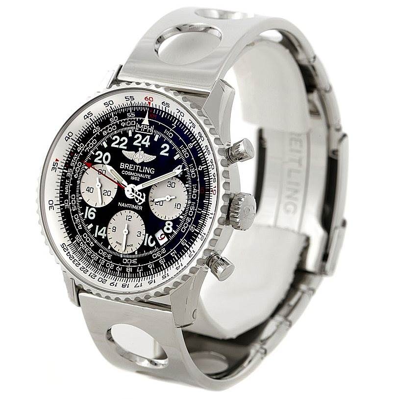 The image shows a Breitling Navitimer AB0210 Men's Stainless Steel Black Dial AB0210 Men's Stainless Steel Black Dial watch at a three-quarter angle, highlighting the face, bezel, and band.