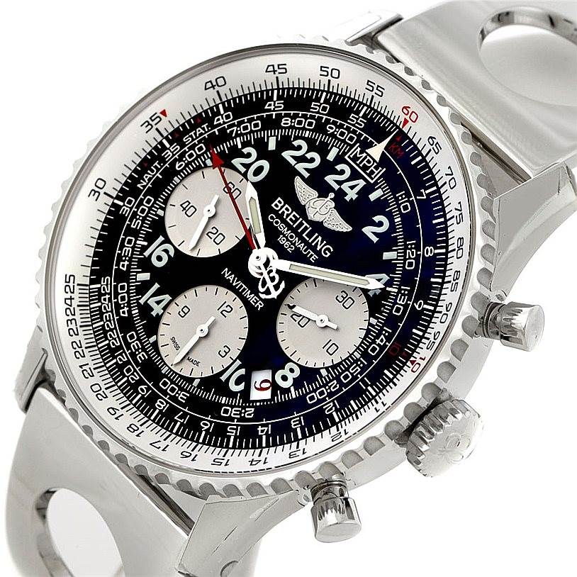This image shows a Breitling Navitimer AB0210 Men's Stainless Steel Black Dial AB0210 Men's Stainless Steel Black Dial watch from a slightly tilted top angle, highlighting the dial, subdials, case, and pushers.