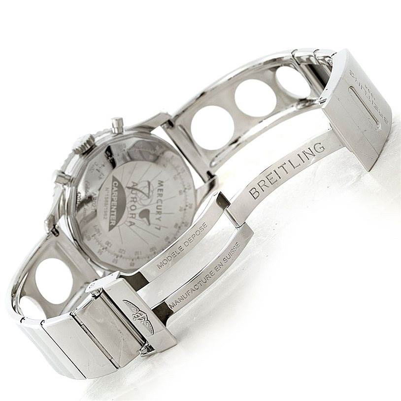 The image shows the back and bracelet of a Breitling Navitimer AB0210 Men's Stainless Steel Black Dial AB0210 Men's Stainless Steel Black Dial watch, emphasizing the branding and clasp details.