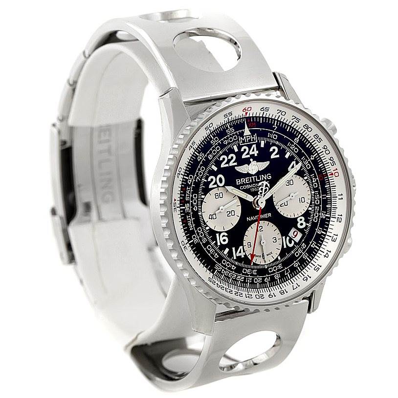 This image shows a Breitling Navitimer AB0210 Men's Stainless Steel Black Dial AB0210 Men's Stainless Steel Black Dial watch at a slight angle, highlighting the face and the unique bracelet design.