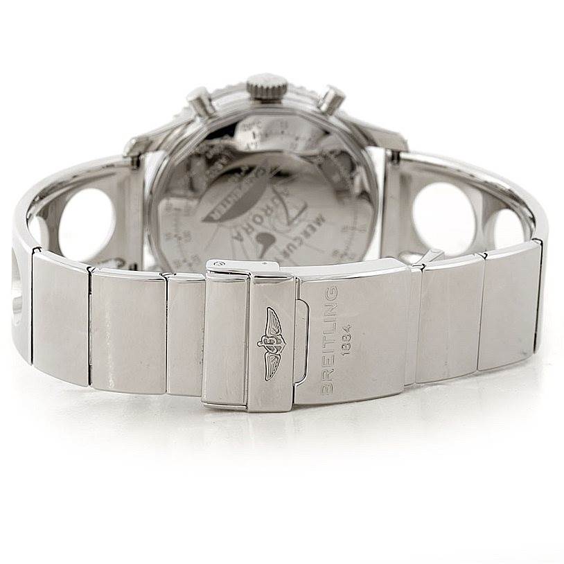 The image shows the back view of a Breitling Navitimer AB0210 Men's Stainless Steel Black Dial AB0210 Men's Stainless Steel Black Dial watch, highlighting its clasp and part of the bracelet.