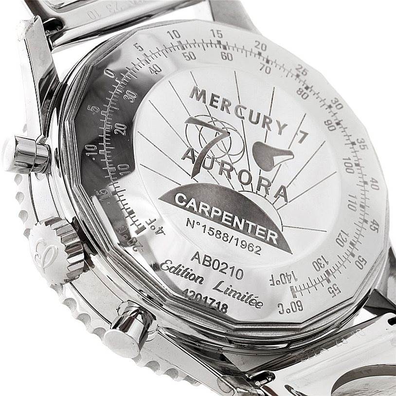 This image shows the stainless steel case back of a Breitling Navitimer AB0210 Men's Stainless Steel Black Dial AB0210 Men's Stainless Steel Black Dial Mercury 7 Aurora Carpenter Edition, viewed from an oblique angle.