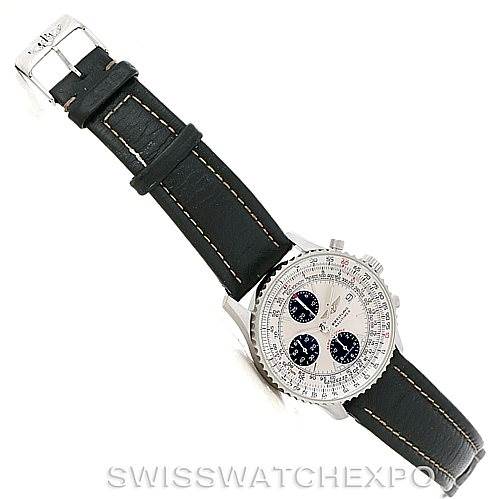 This Breitling Navitimer A13330 Men's Stainless Steel Silver Dial A13330 Men's Stainless Steel Silver Dial watch is shown from a top-down angle, displaying its entire face, bezel, and leather strap.