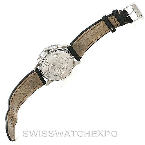 This image shows the back view of a Breitling Navitimer A13330 Men's Stainless Steel Silver Dial A13330 Men's Stainless Steel Silver Dial watch, highlighting the back case, leather strap, and buckle.