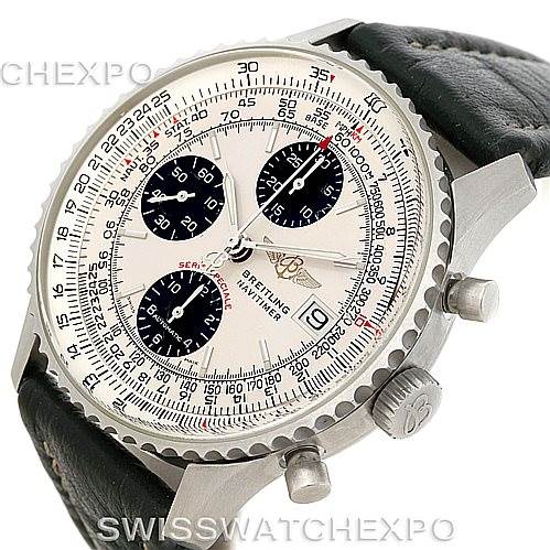 The image shows a Breitling Navitimer A13330 Men's Stainless Steel Silver Dial A13330 Men's Stainless Steel Silver Dial watch at an angled close-up, highlighting the dial, bezel, crown, and chronograph pushers.
