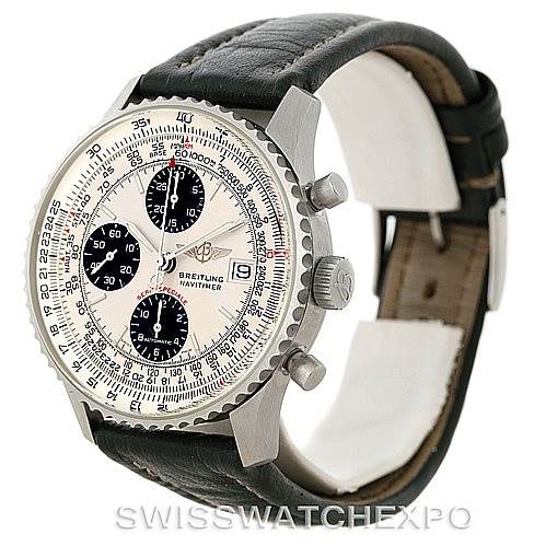 The image shows a side angle of the Breitling Navitimer A13330 Men's Stainless Steel Silver Dial A13330 Men's Stainless Steel Silver Dial watch, highlighting the face, bezel, pushers, and leather strap.
