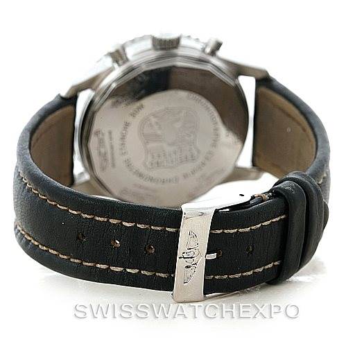 The image shows the back view of a Breitling Navitimer A13330 Men's Stainless Steel Silver Dial A13330 Men's Stainless Steel Silver Dial watch, highlighting the case back and leather strap with the Breitling logo on the buckle.