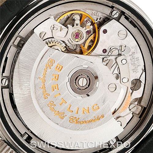 This image shows the intricate mechanical movement of a Breitling Navitimer A13330 Men's Stainless Steel Silver Dial A13330 Men's Stainless Steel Silver Dial watch, including the rotor engraved with "Breitling."