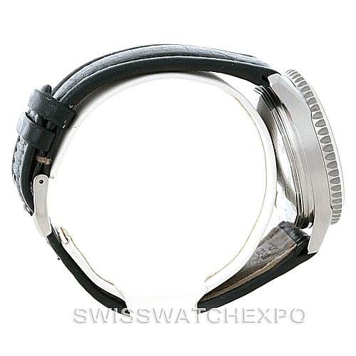 This image shows a side view of a Breitling Navitimer A13330 Men's Stainless Steel Silver Dial A13330 Men's Stainless Steel Silver Dial watch, displaying its leather strap, buckle, and bezel.