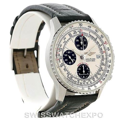 The image shows a Breitling Navitimer A13330 Men's Stainless Steel Silver Dial A13330 Men's Stainless Steel Silver Dial watch at a three-quarter angle, highlighting the face, bezel, and leather strap.