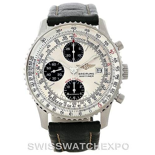 This image shows the face, bezel, and leather strap of the Breitling Navitimer A13330 Men's Stainless Steel Silver Dial A13330 Men's Stainless Steel Silver Dial watch, viewed straight on.