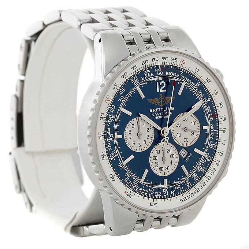 The Breitling Navitimer A35340 Men's Stainless Steel Blue Dial A35340 Men's Stainless Steel Blue Dial watch is shown at a three-quarter angle, displaying the face, bezel, and metal bracelet.