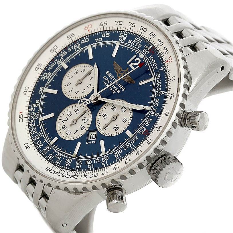The Breitling Navitimer A35340 Men's Stainless Steel Blue Dial A35340 Men's Stainless Steel Blue Dial watch is shown at a slight side angle, highlighting the dial, chronograph subdials, bezel, and crown.