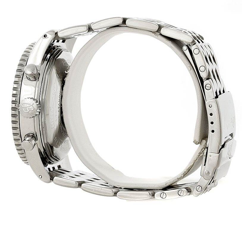 This image shows a side profile view of the Breitling Navitimer A35340 Men's Stainless Steel Blue Dial A35340 Men's Stainless Steel Blue Dial watch, focusing on the case, crown, pushers, and bracelet.