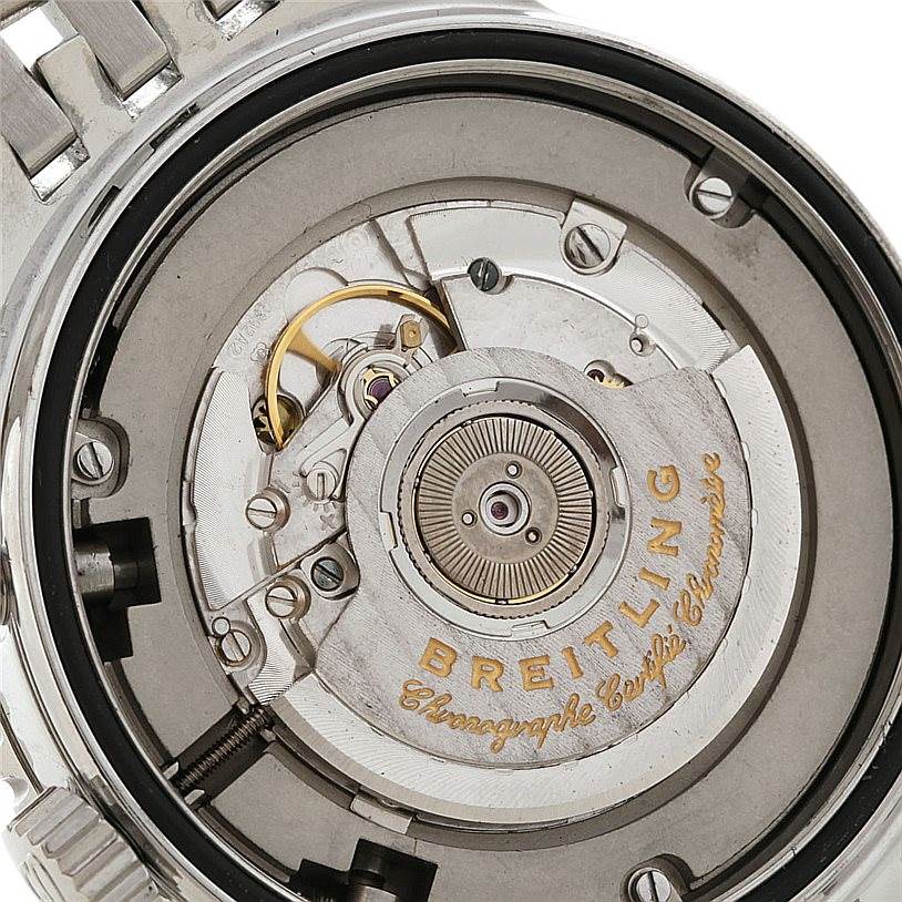 This image shows the intricate internal mechanics of a Breitling Navitimer A35340 Men's Stainless Steel Blue Dial A35340 Men's Stainless Steel Blue Dial watch, focusing on the movement components.