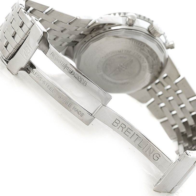 The image shows the back and clasp of a Breitling Navitimer A35340 Men's Stainless Steel Blue Dial A35340 Men's Stainless Steel Blue Dial watch with a stainless-steel bracelet.