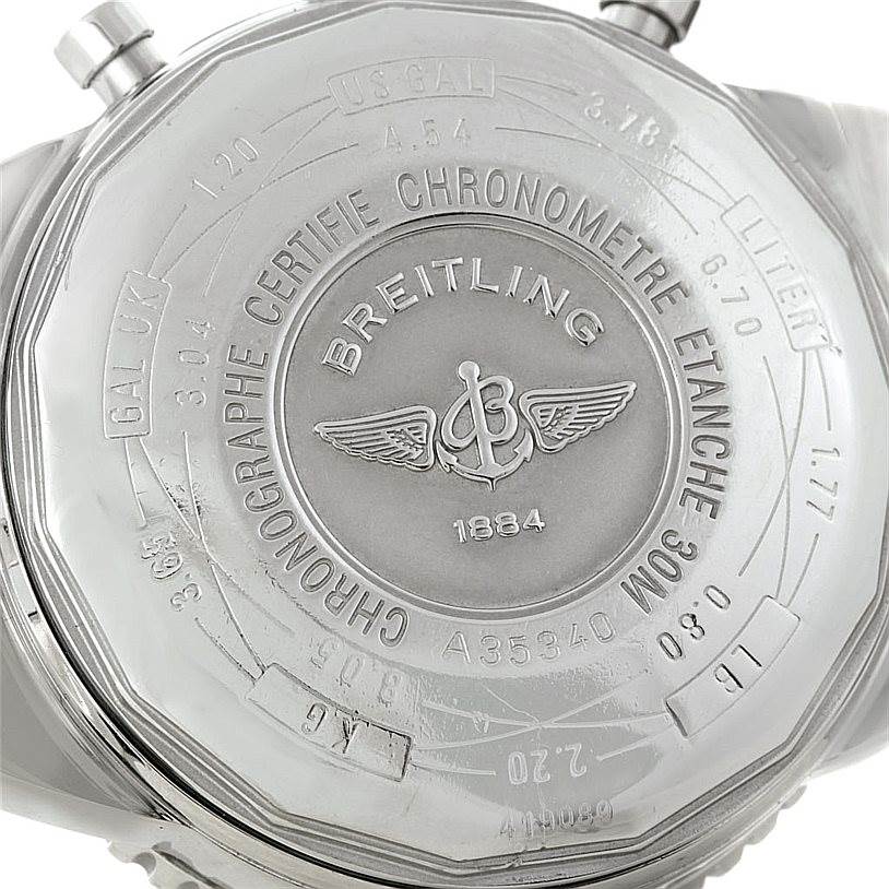 The image shows the back case of a Breitling Navitimer A35340 Men's Stainless Steel Blue Dial A35340 Men's Stainless Steel Blue Dial watch, detailing its engravings and model information.