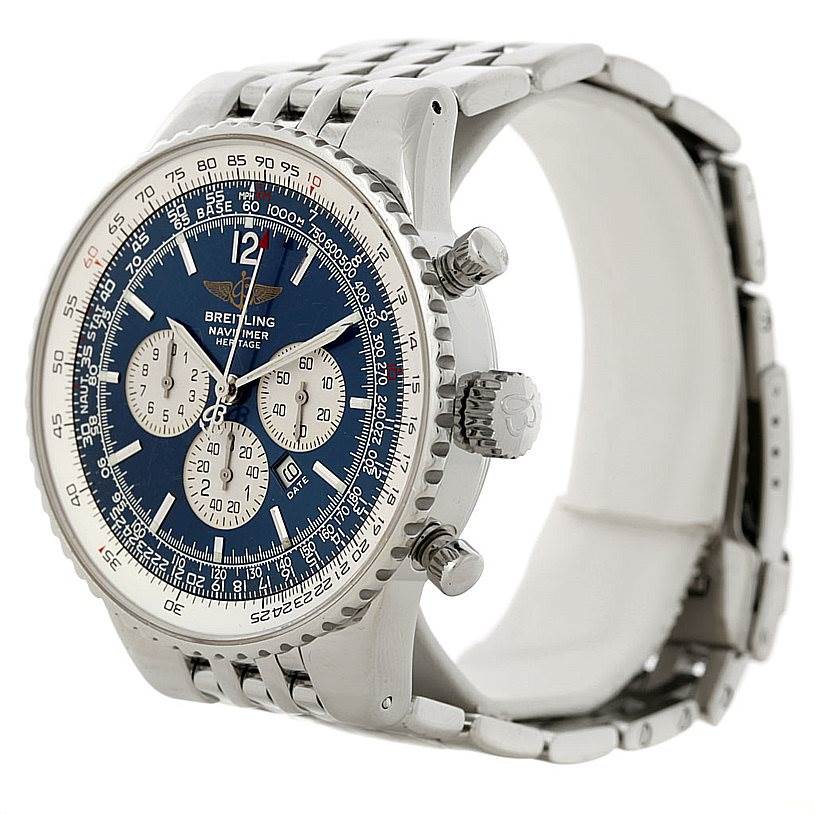 The Breitling Navitimer A35340 Men's Stainless Steel Blue Dial A35340 Men's Stainless Steel Blue Dial watch is shown at an angle displaying its face, chronograph buttons, and metal bracelet.