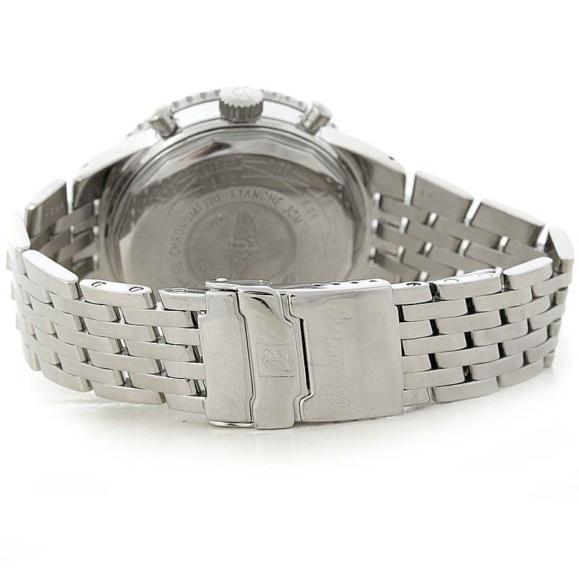 This image shows the back view of a Breitling Navitimer A35340 Men's Stainless Steel Blue Dial A35340 Men's Stainless Steel Blue Dial watch, highlighting the stainless steel bracelet, clasp, and case back.