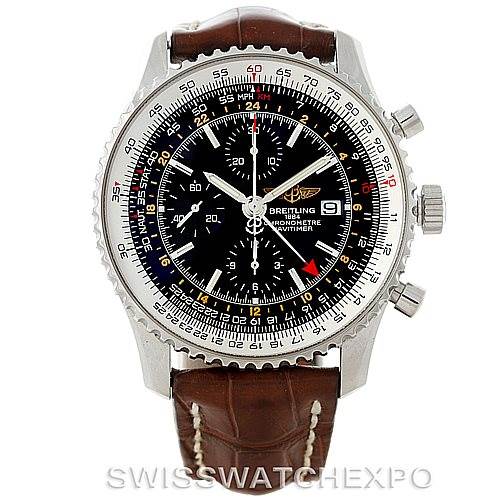 The image shows a front view of a Breitling Navitimer A24322 Men
s Stainless Steel Black Dial A24322 Men
s Stainless Steel Black Dial watch with a leather strap and a black dial.