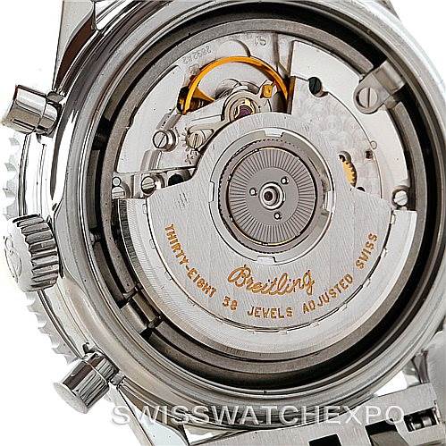 This image shows the backside of a Breitling Navitimer A41030 Men
s Stainless Steel Silver Dial A41030 Men
s Stainless Steel Silver Dial watch, displaying its mechanical movement and rotor.