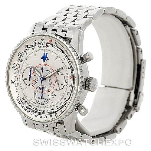 This image shows a side and front angle view of the Breitling Navitimer A41030 Men
s Stainless Steel Silver Dial A41030 Men
s Stainless Steel Silver Dial watch, featuring the dial, crown, pushers, and metal bracelet.