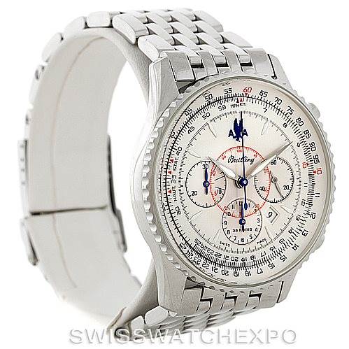 The image shows a Breitling Navitimer A41030 Men
s Stainless Steel Silver Dial A41030 Men
s Stainless Steel Silver Dial watch at a slight angle, highlighting the face, bezel, and metal bracelet.